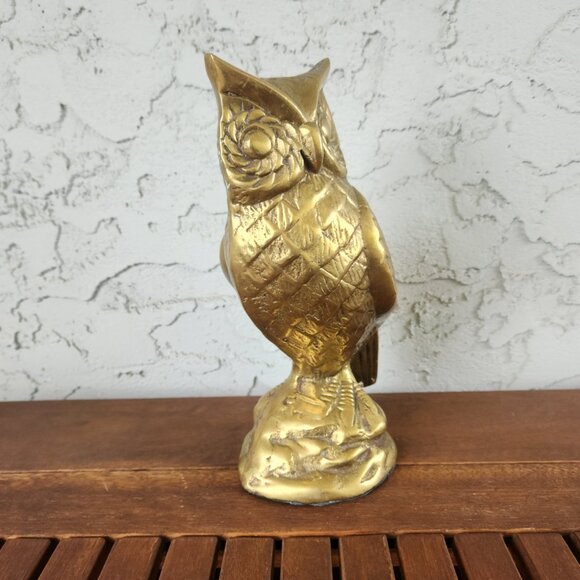 Vintage Solid Brass Owl Sculpture — 9.25" Tall — Hefty Statement Decor - Picture 3 of 7
